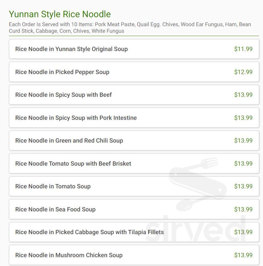 Yunnan Style Rice Noodle menus in El Cerrito, California, United States