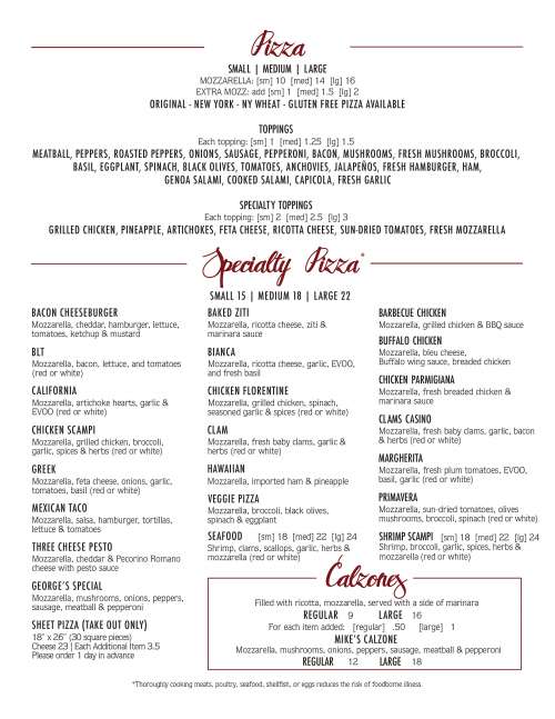 George's Pizza &amp; Restaurant menu in Unionville, Connecticut, USA