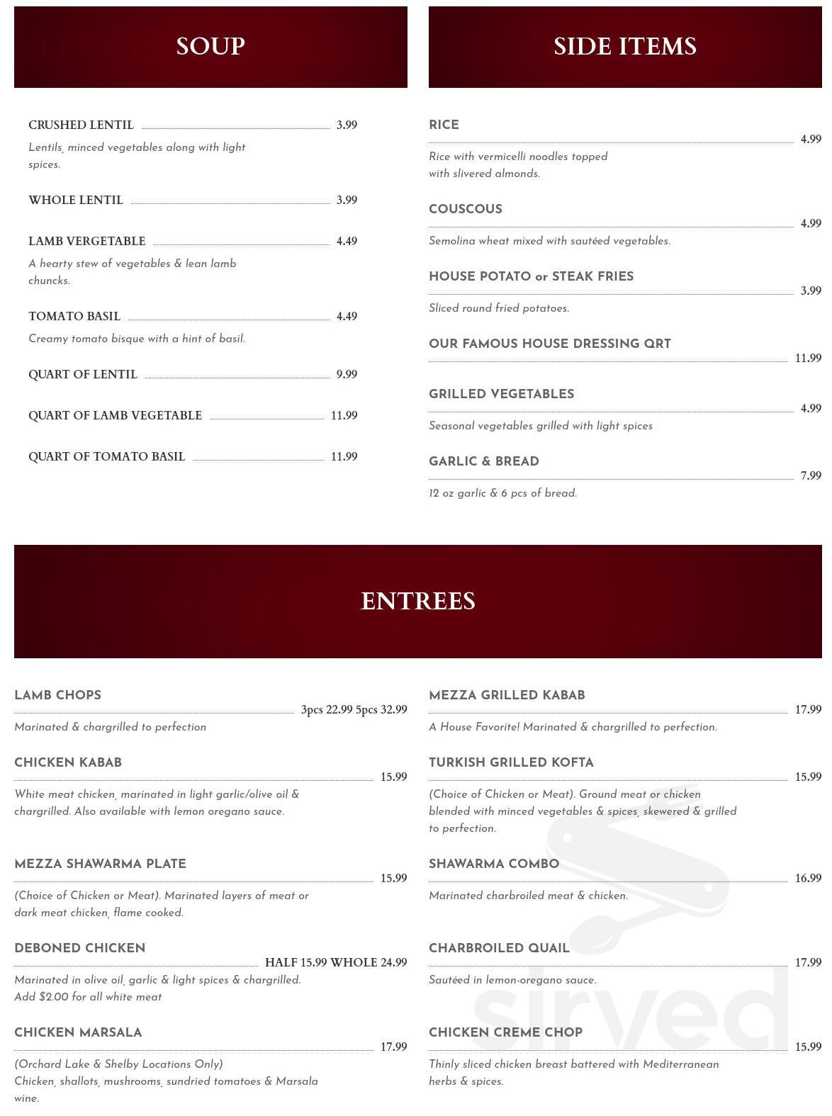 Menu - Rochester Hills MI's Mezza Mediterranean Grille | Sirved