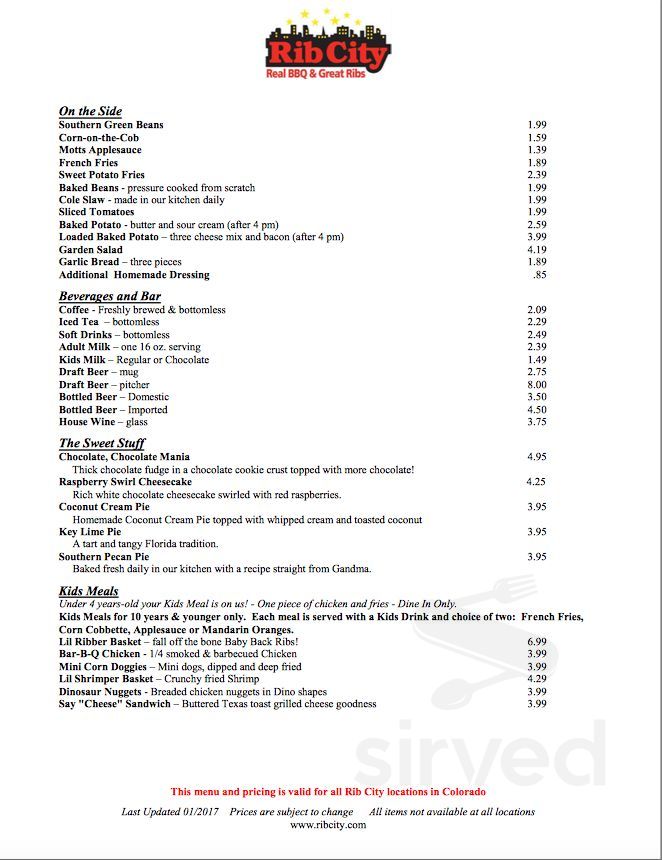 Rib City Grill - Fruita menu in Fruita, Colorado, USA