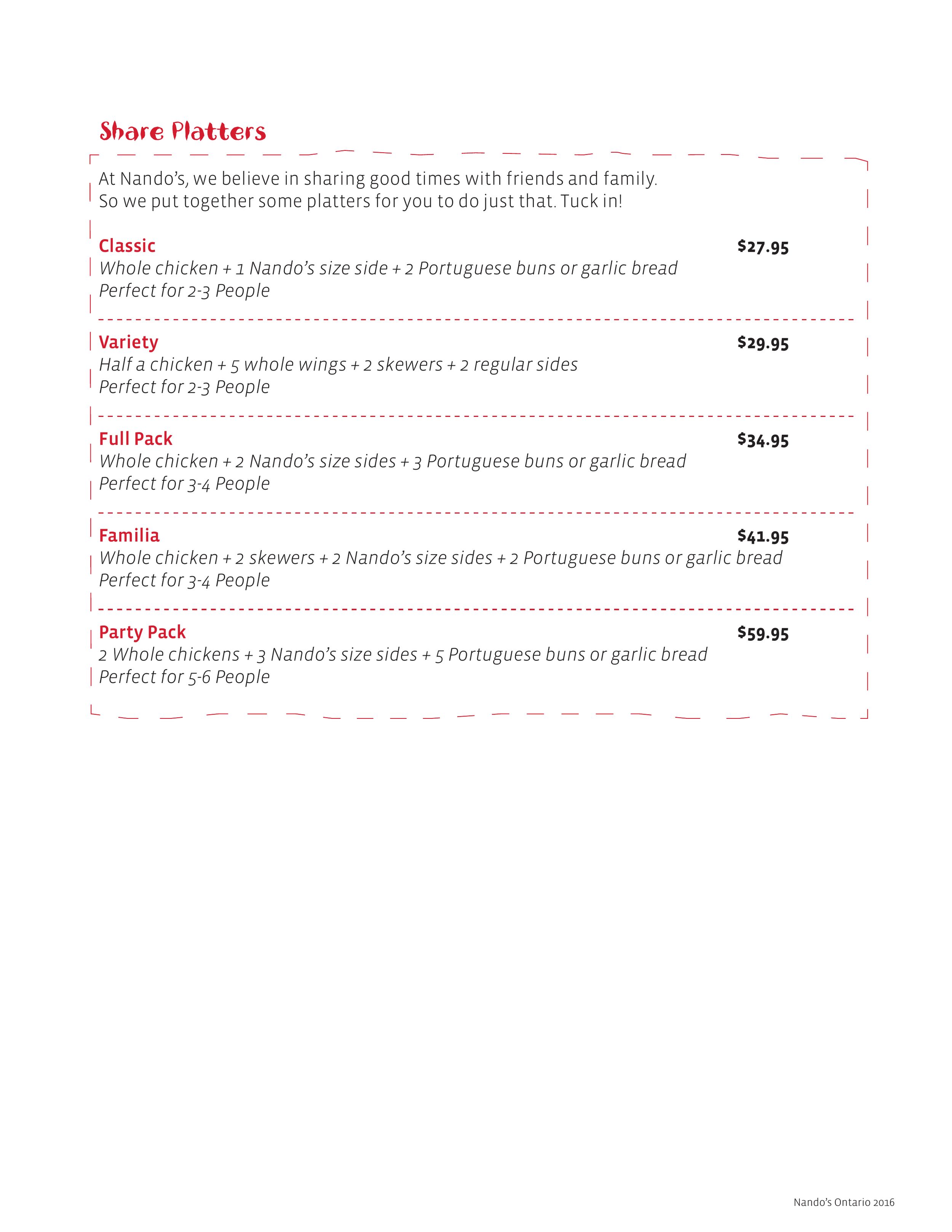 Nando's PERi-PERi menu in Richmond Hill, Ontario, Canada