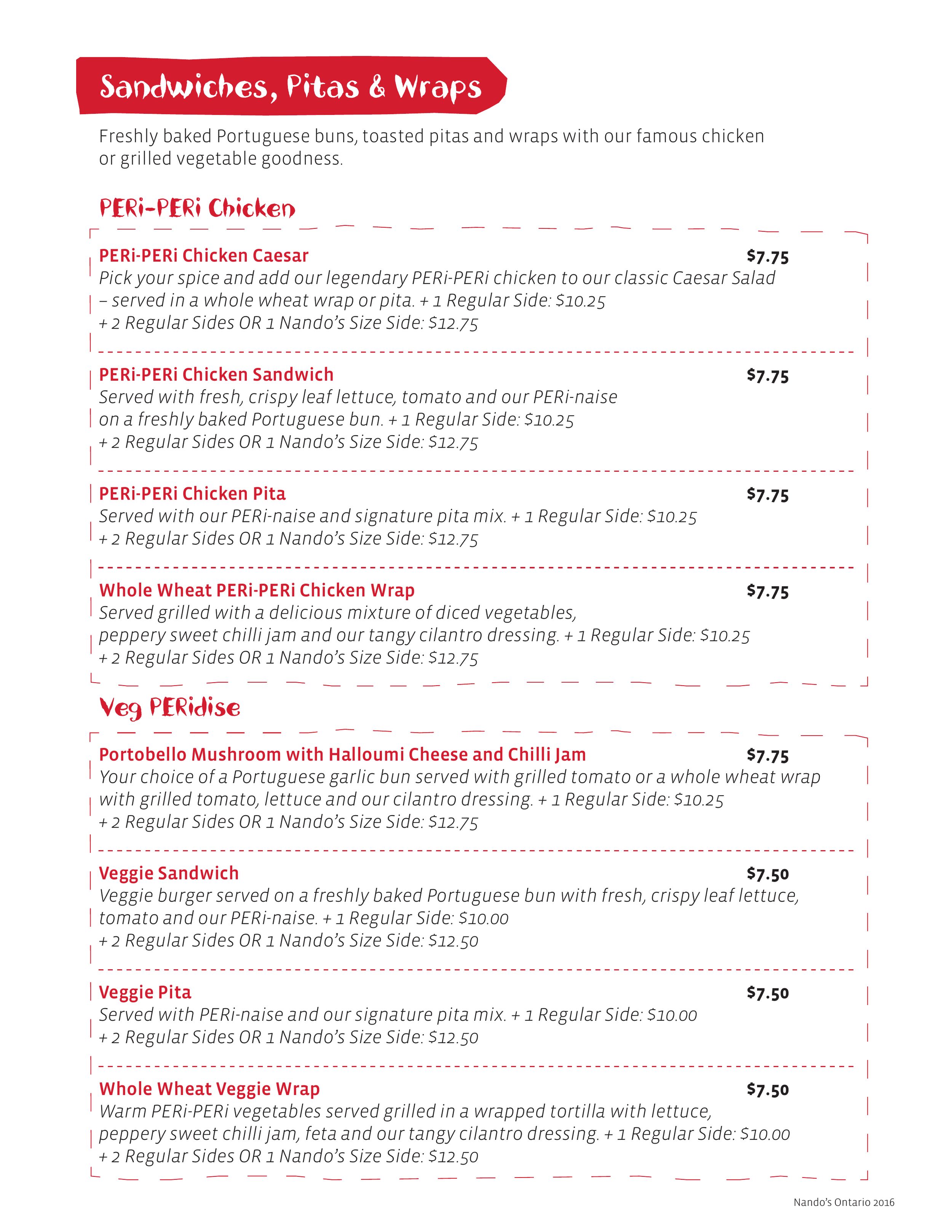Nando's PERi-PERi menu in Surrey, British Columbia, Canada