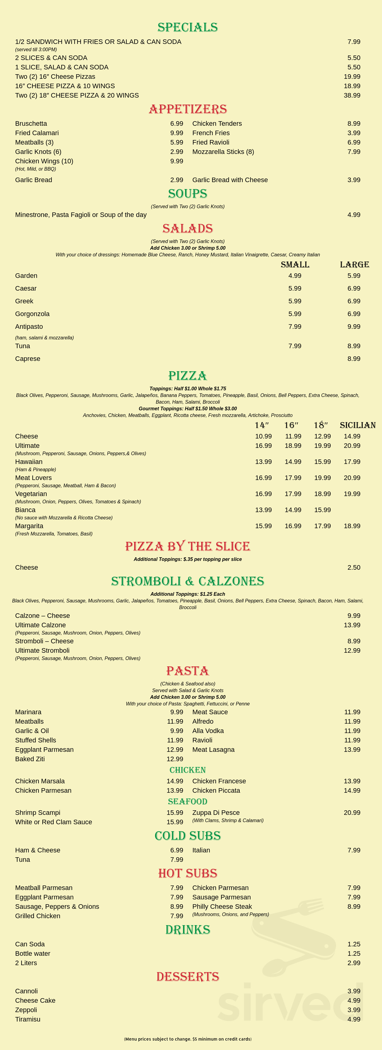 Menu - Palm Springs FL's Ronnie's Pizzeria | Sirved