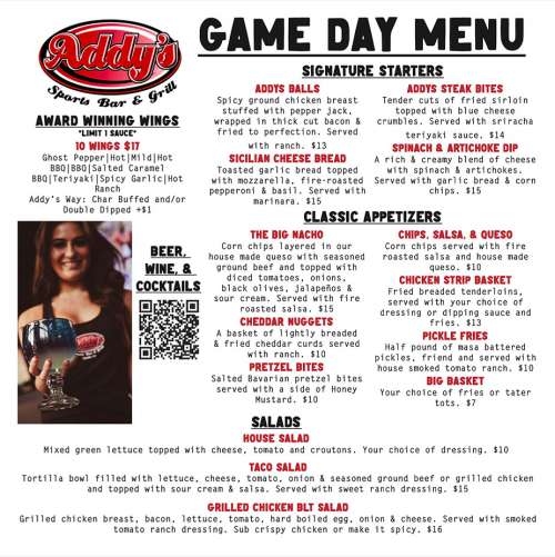 Addy's Sports Bar and Grill menu in Omaha, Nebraska, USA
