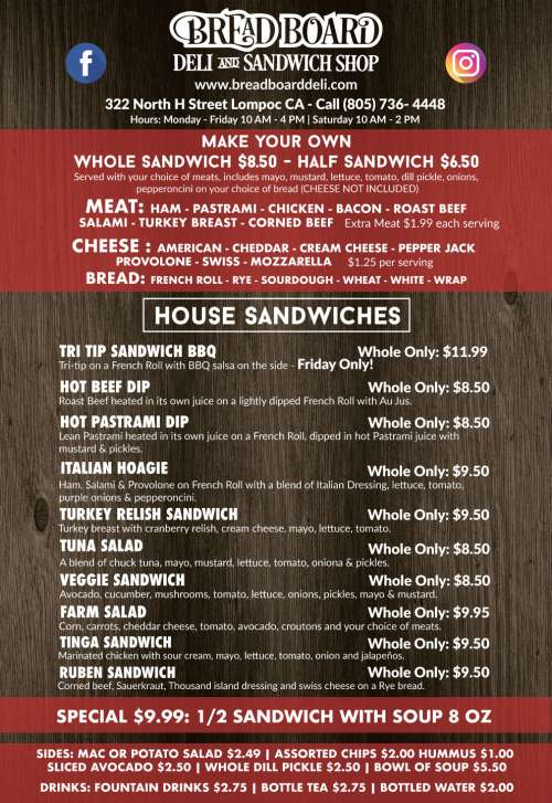 Bread Board Deli menu in Lompoc, California, USA