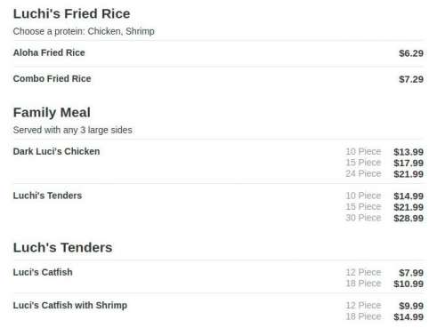 Luci's Chicken N Rice menu in Irving, Texas, USA