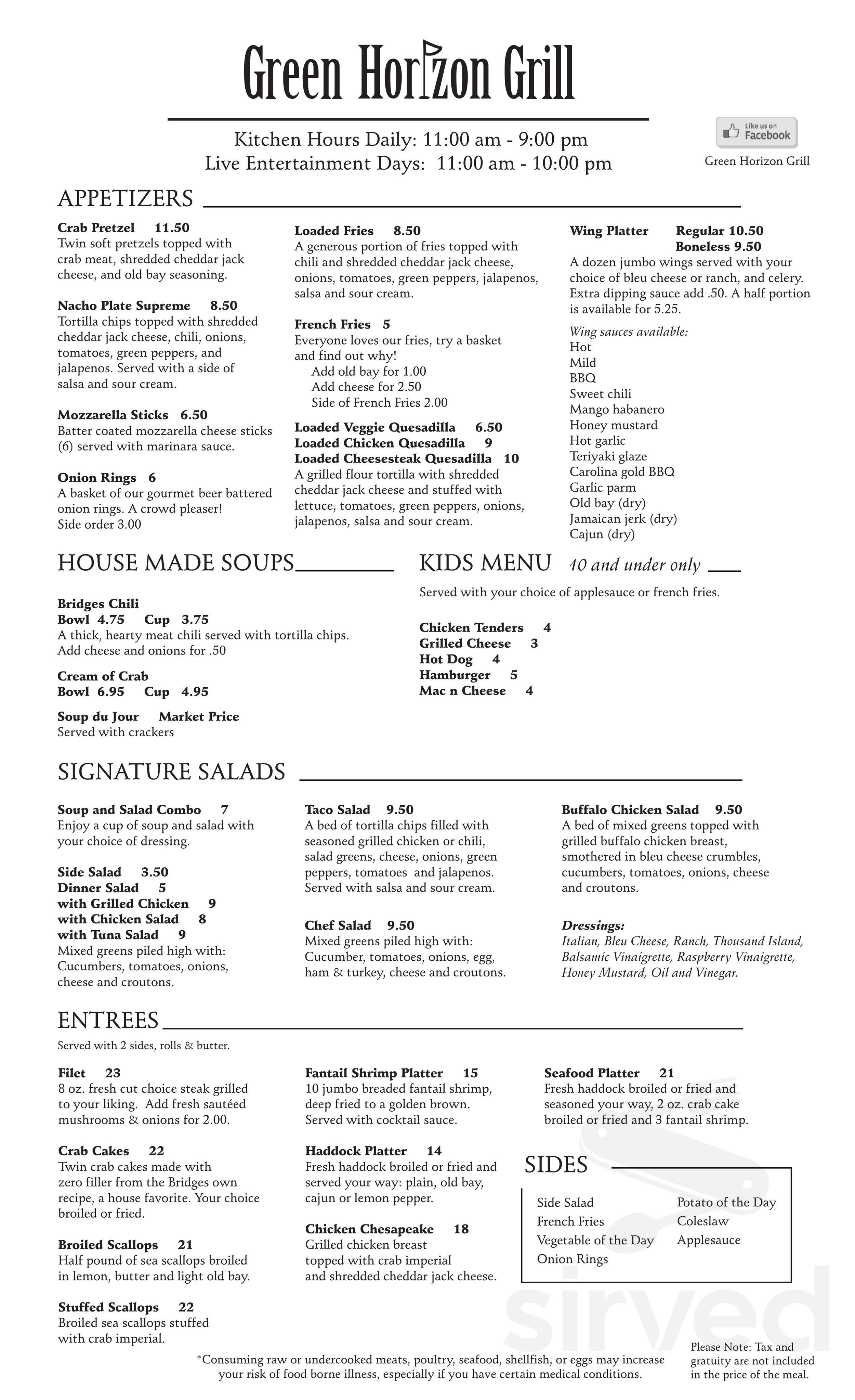 The Bridges Golf Club, Guest Quarters, & Green Horizon Grill menu in