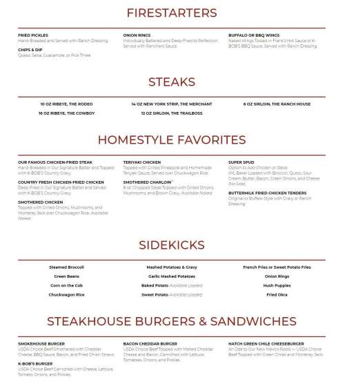 KBOB'S Steakhouse menu in Las Vegas, New Mexico, USA