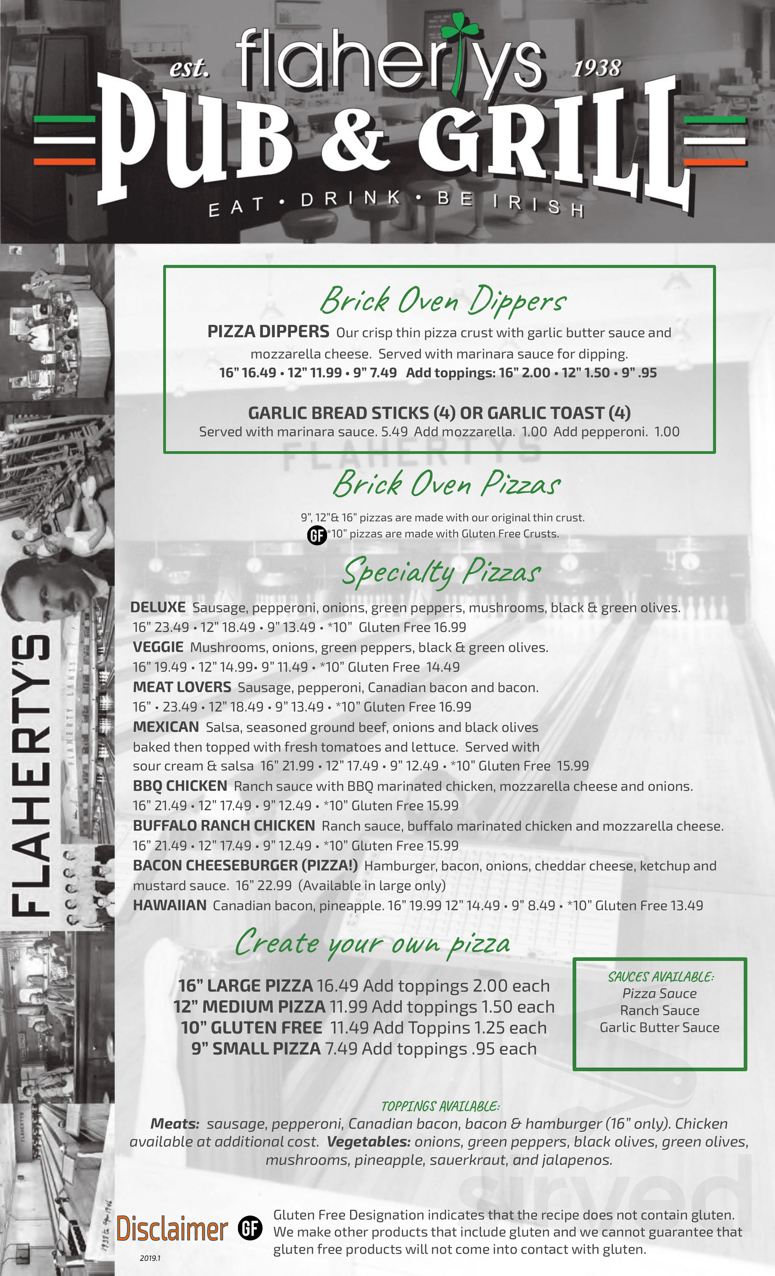 Flahertys Arden Bowl menu in Arden Hills, Minnesota, USA