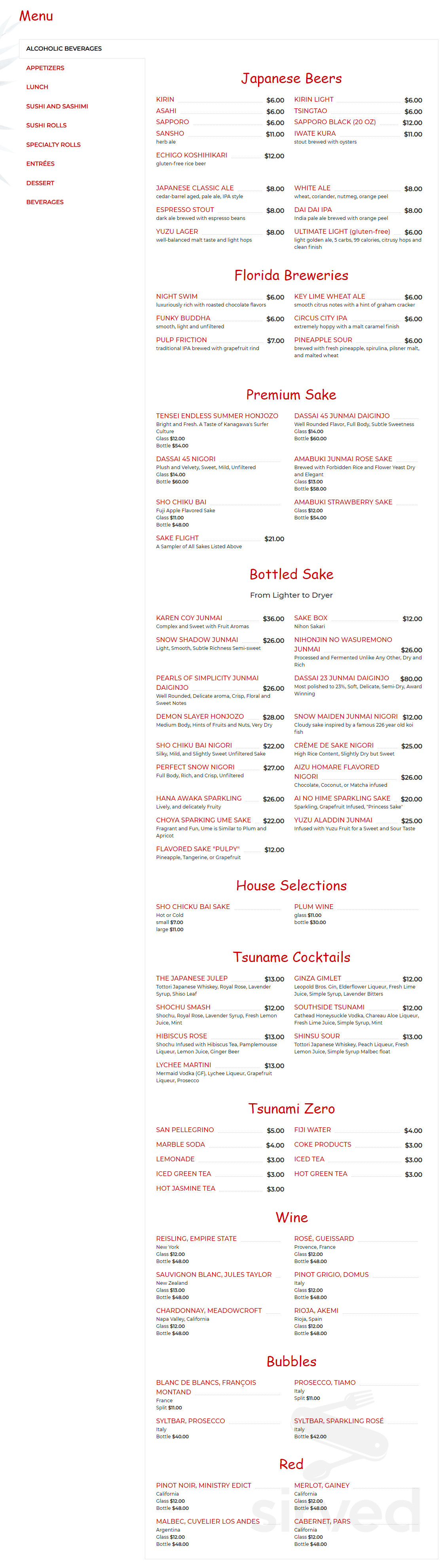 Tsunami Sushi & Hibachi menu in Sarasota, Florida, USA