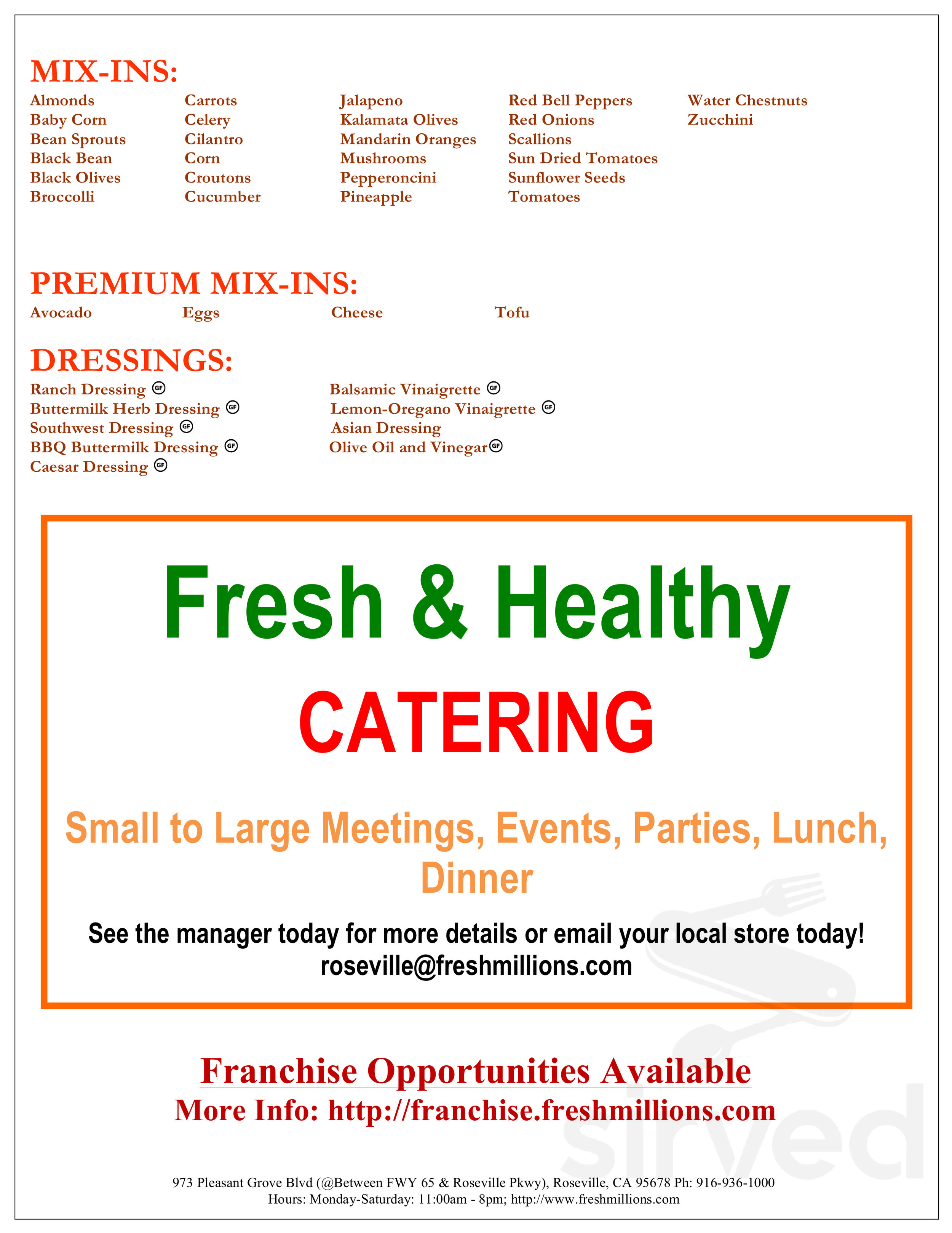 Fresh Millions Restaurant menu in Chandler, Arizona, USA