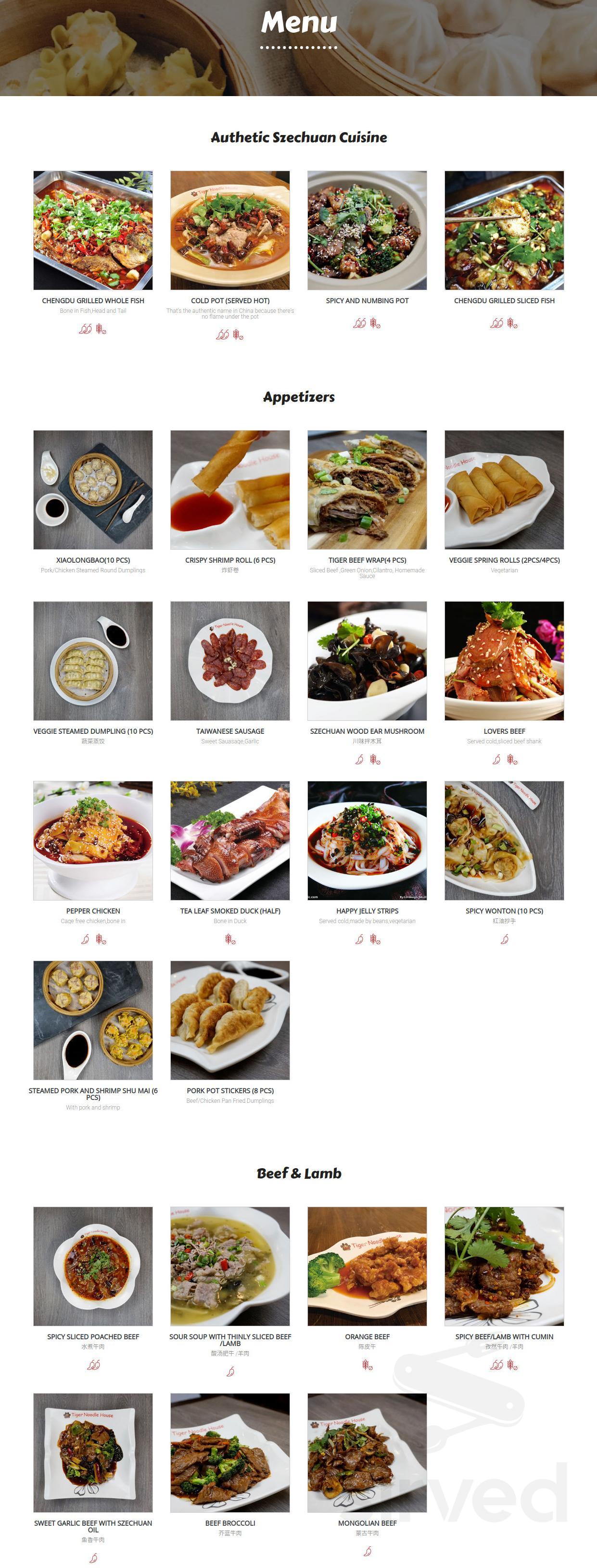 Tiger Noodle House menu in Houston, Texas, USA