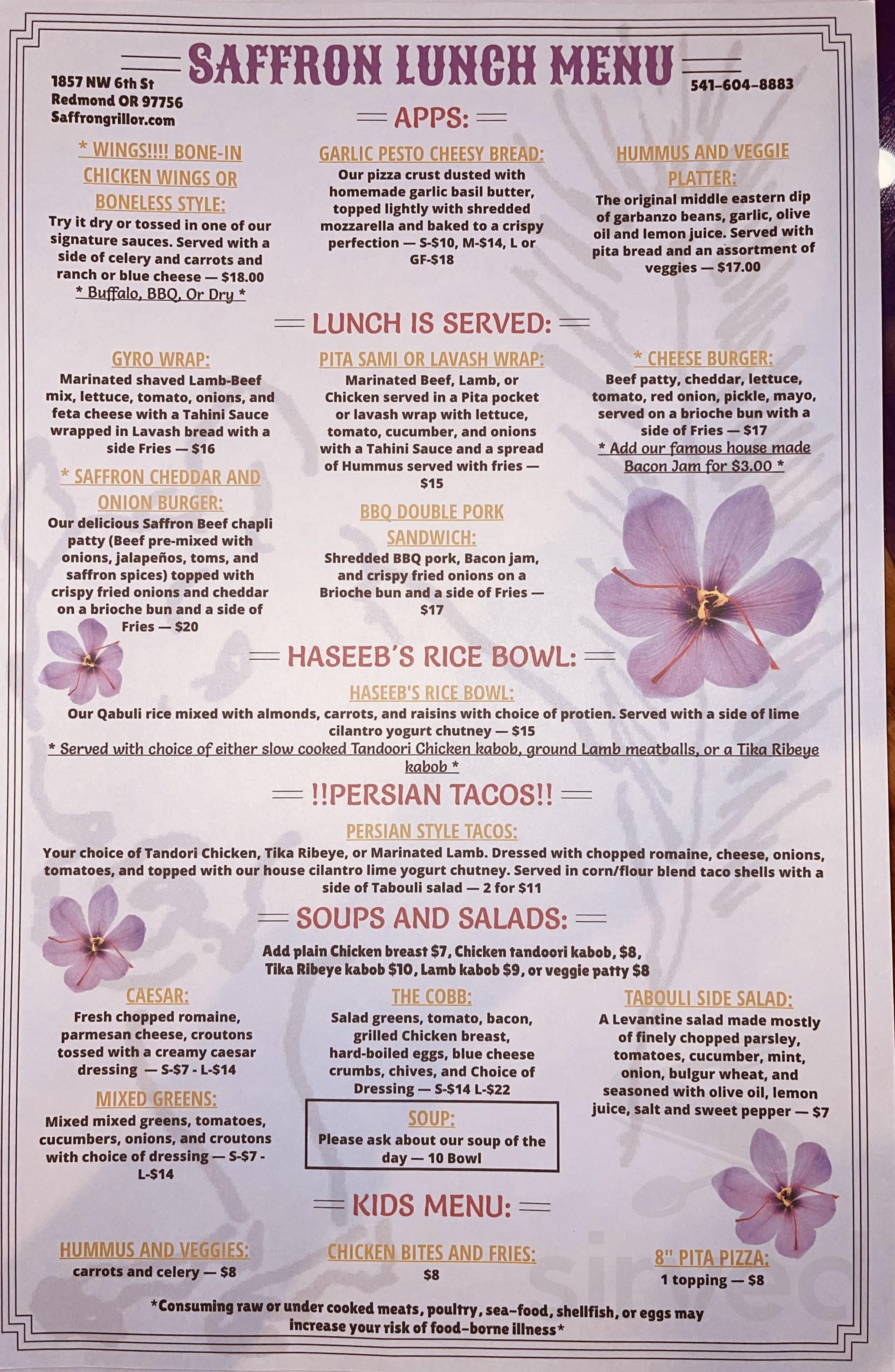Saffron Grill menu in Redmond, Oregon, USA