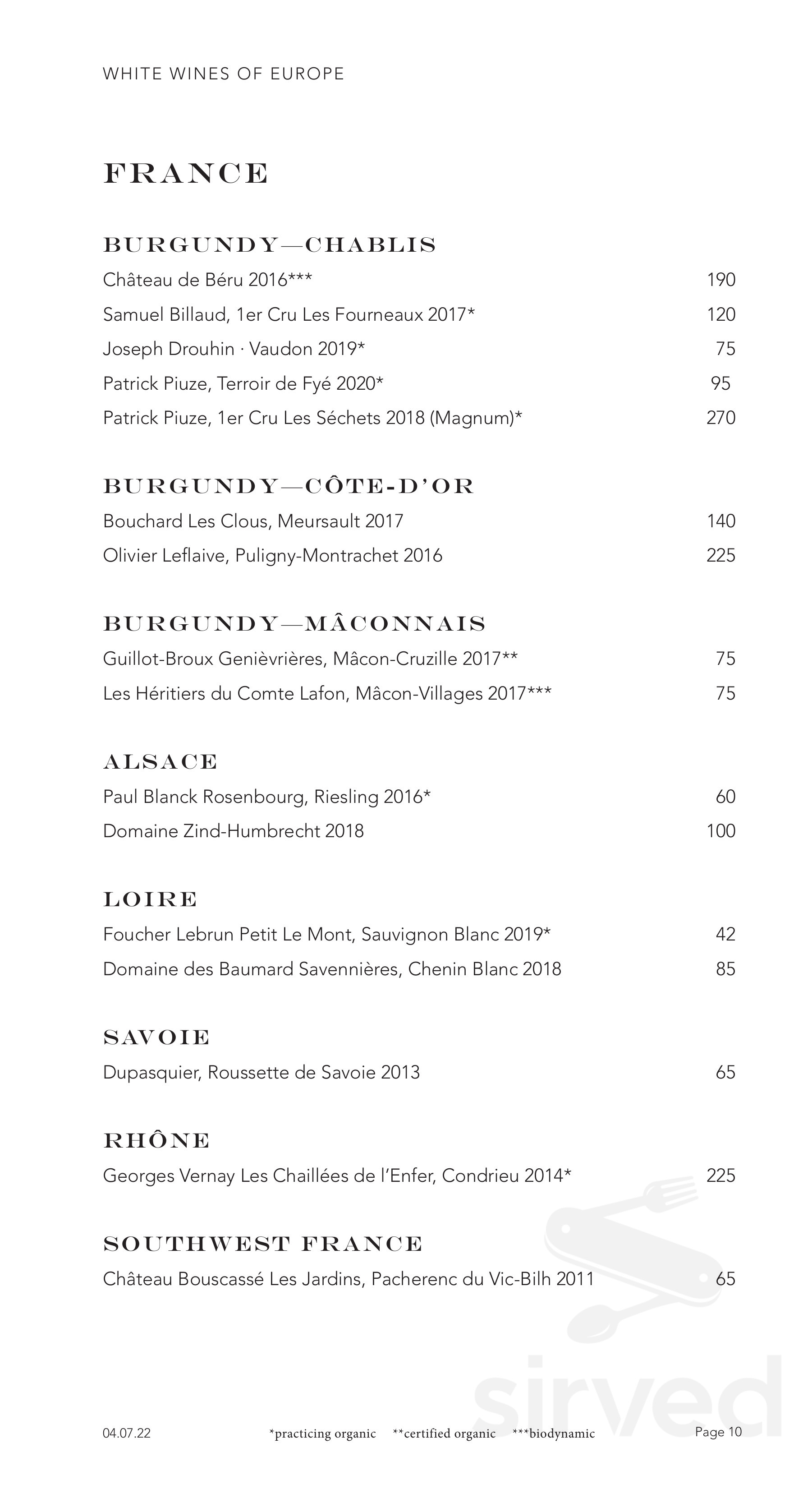 RL Restaurant menu in Chicago, Illinois, USA