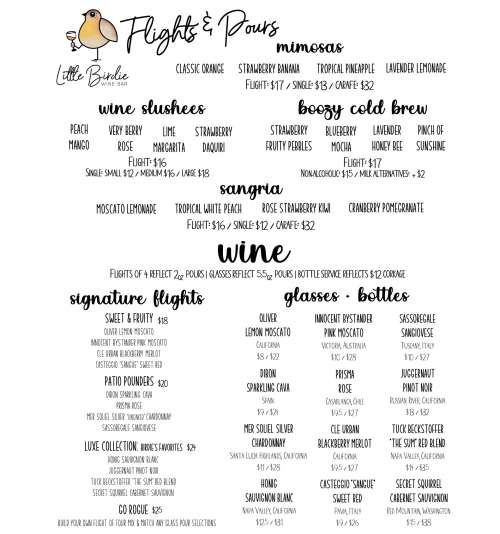 Little Birdie Wine Nest Menu