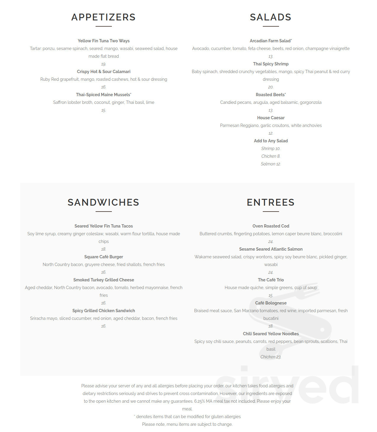 Square Cafe Hingham menus in Hingham, Massachusetts, United States