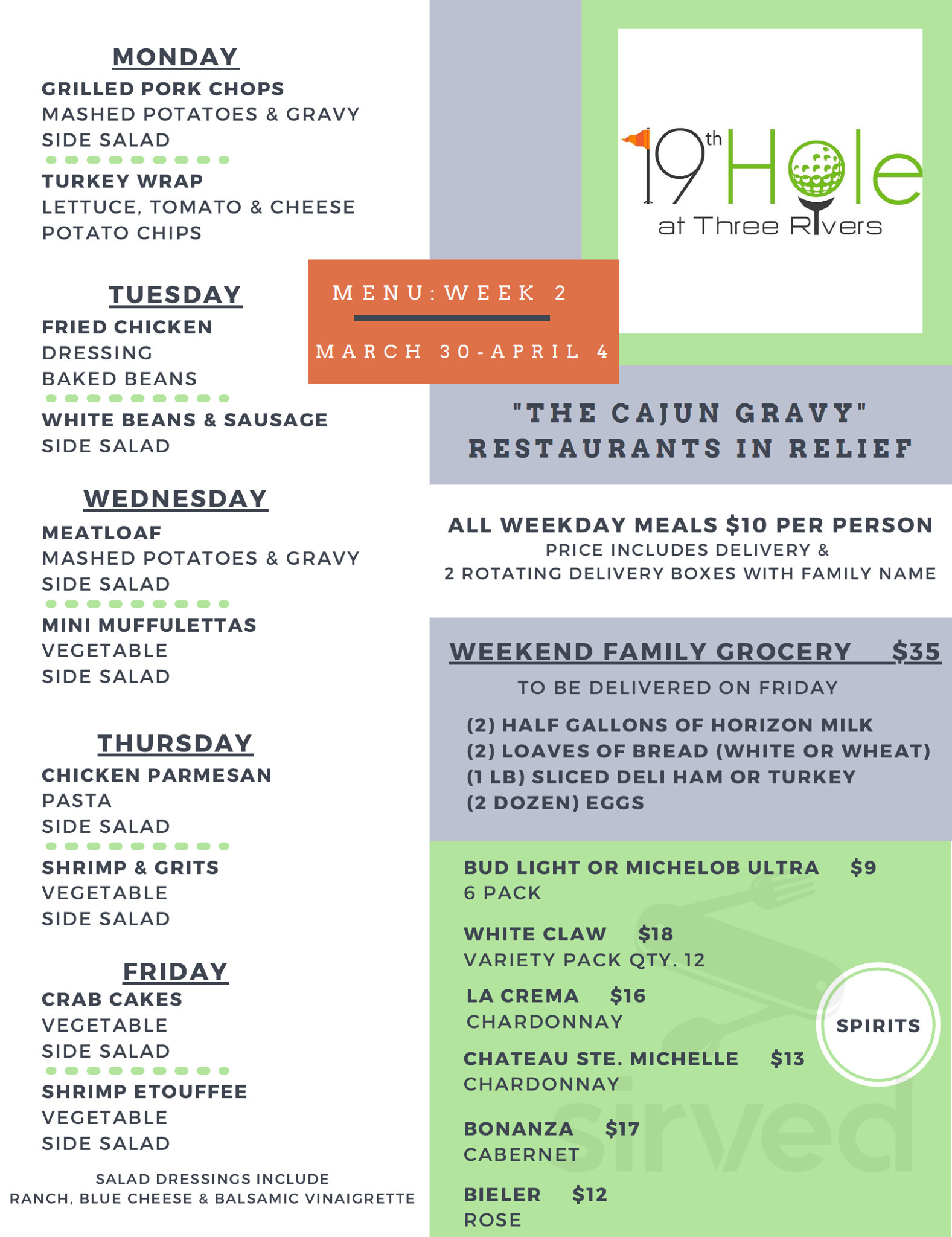 Three Rivers Menu The 19th Hole at Three Rivers menu in Covington, Louisiana, USA