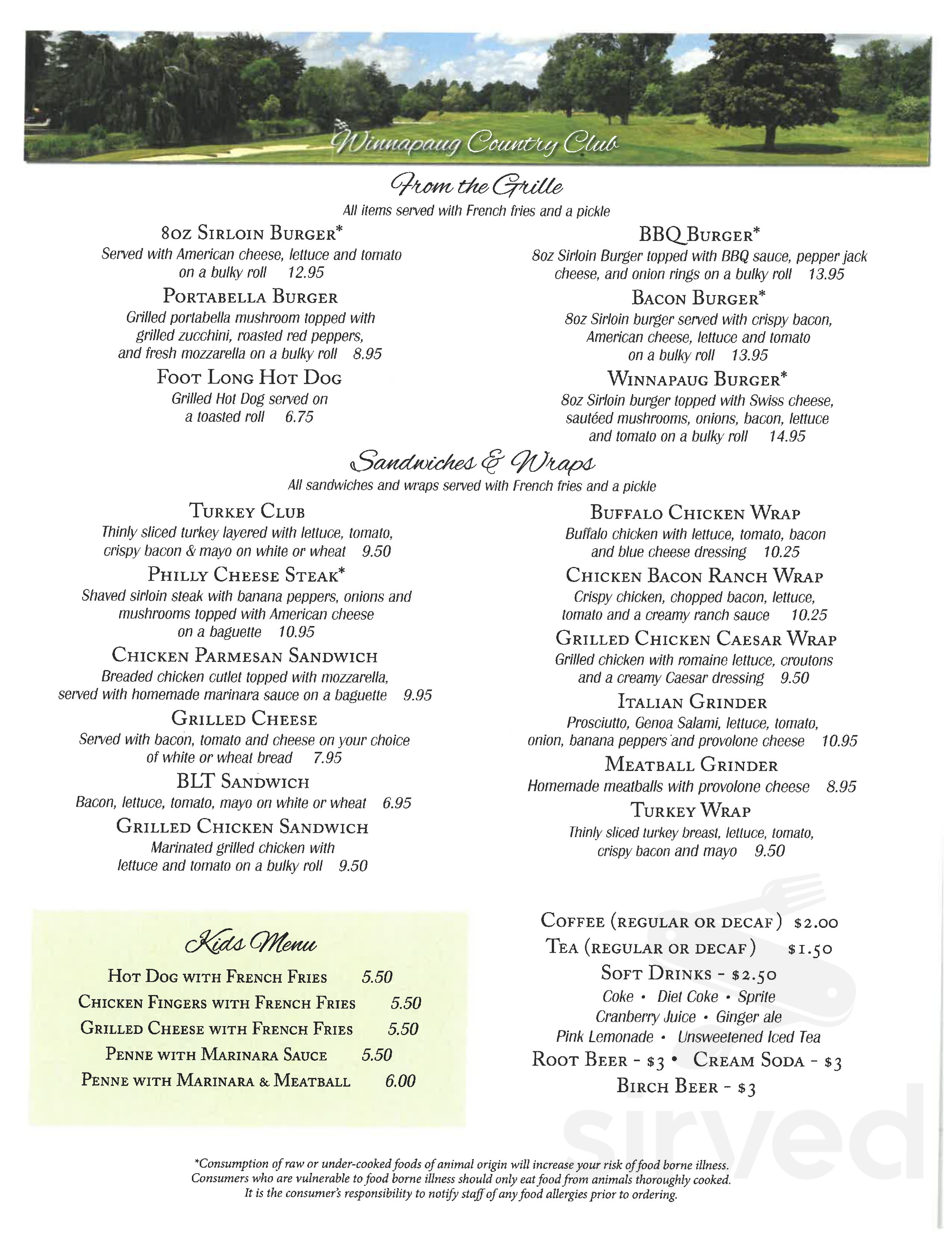 Winnapaug Country Club Restaurant menu in Westerly, Rhode Island, USA