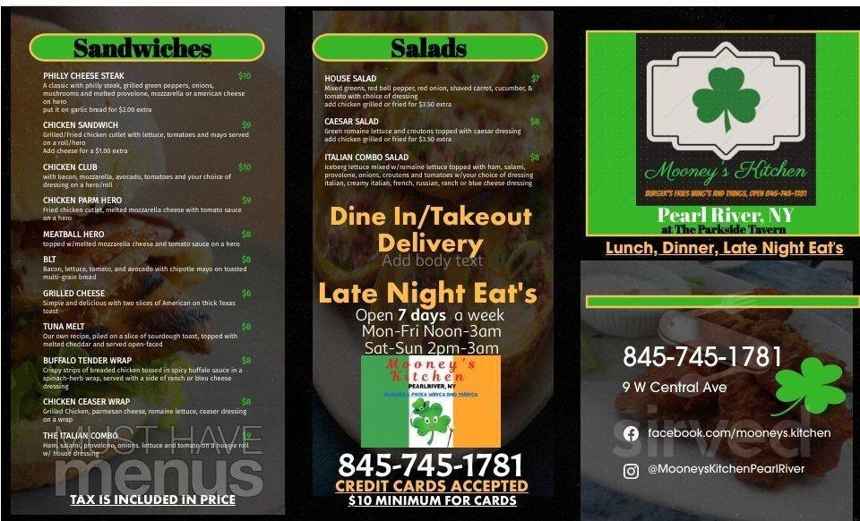 MOONEY'S KITCHEN menu in Pearl River, New York, USA