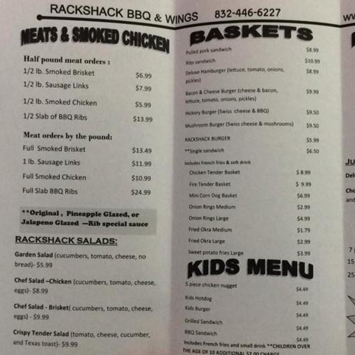 Rack Shack BBQ & Wings menu in Houston, Texas, USA