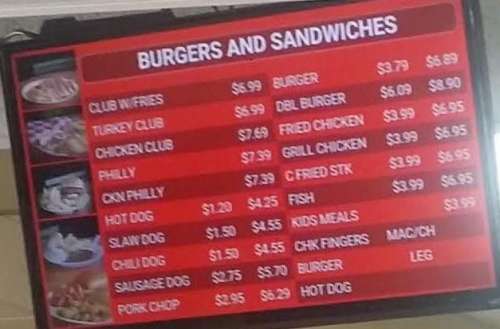 Kent's Drive In menu in Thomson, Georgia, USA