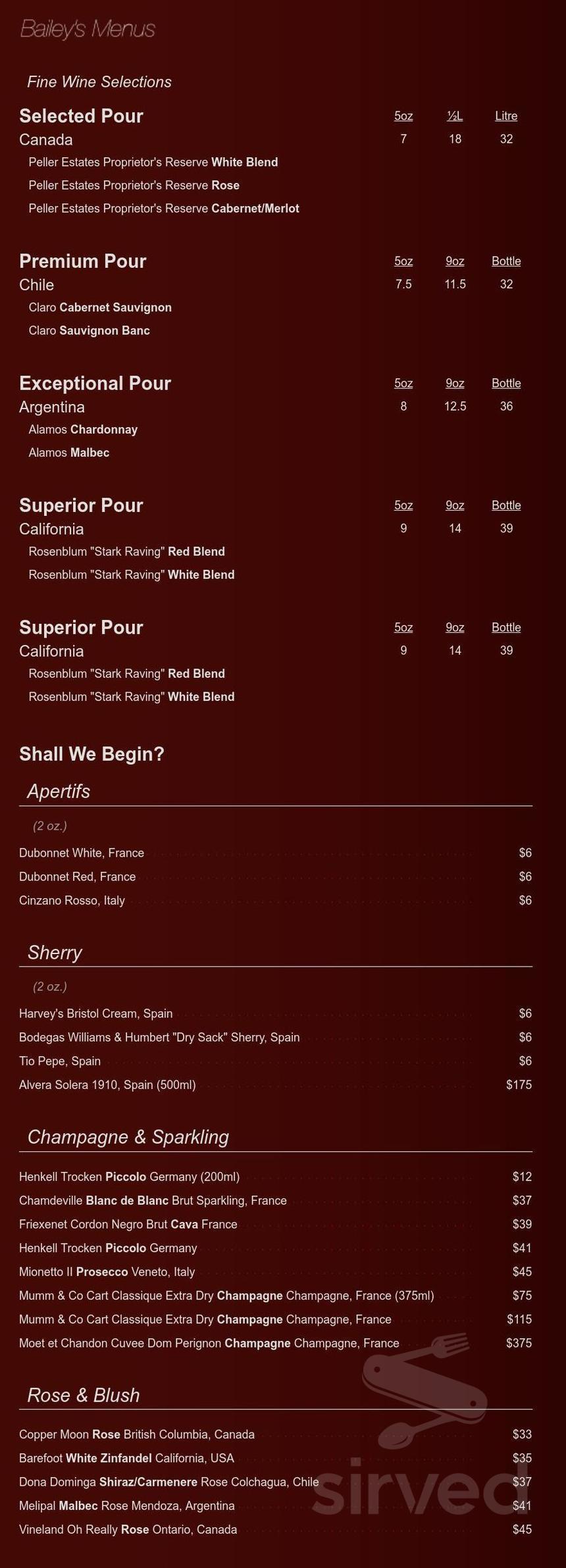 Bailey's Restaurant menu in Winnipeg, Manitoba, Canada