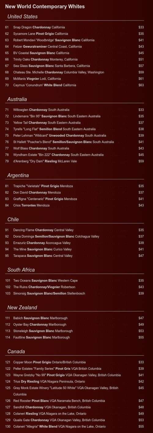 Bailey's Restaurant menu in Winnipeg, Manitoba, Canada