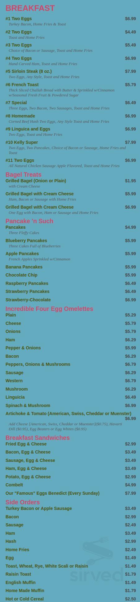 Kelly's Diner menu in Somerville, Massachusetts, USA