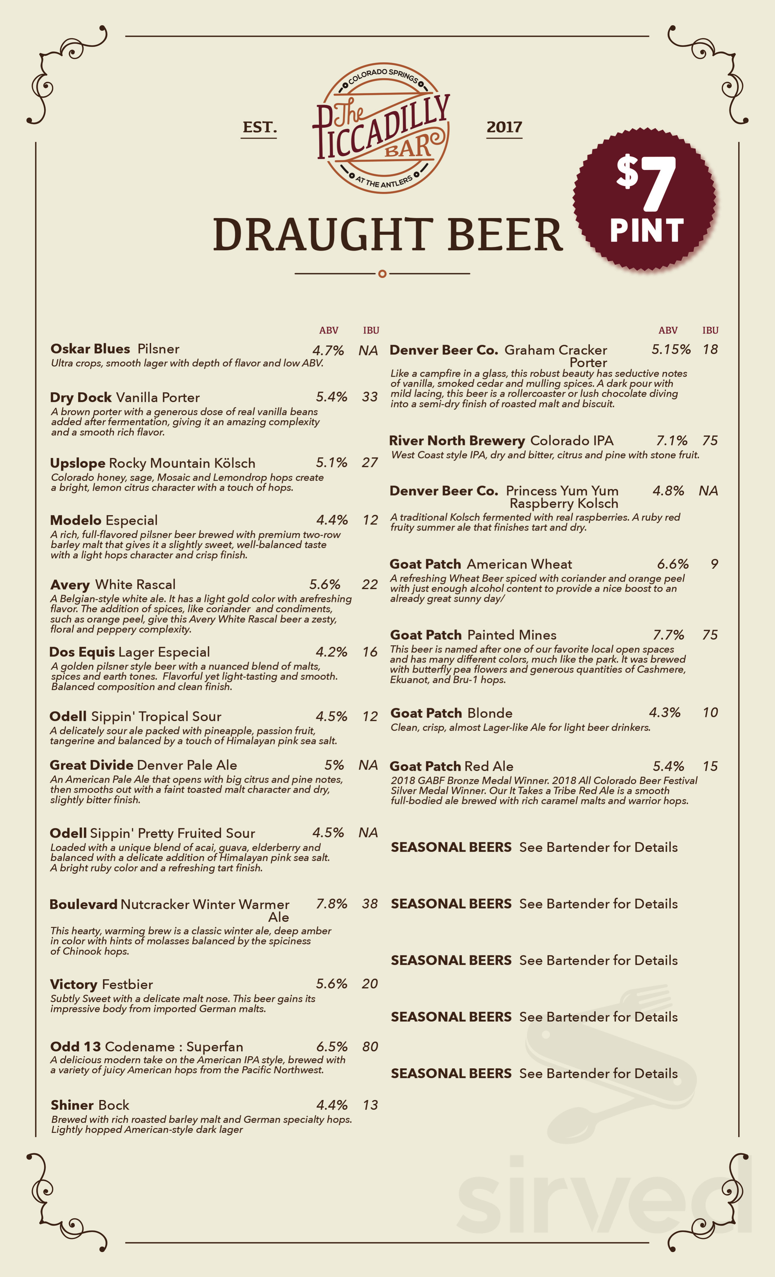 Piccadilly Bar menu in Colorado Springs, Colorado, USA