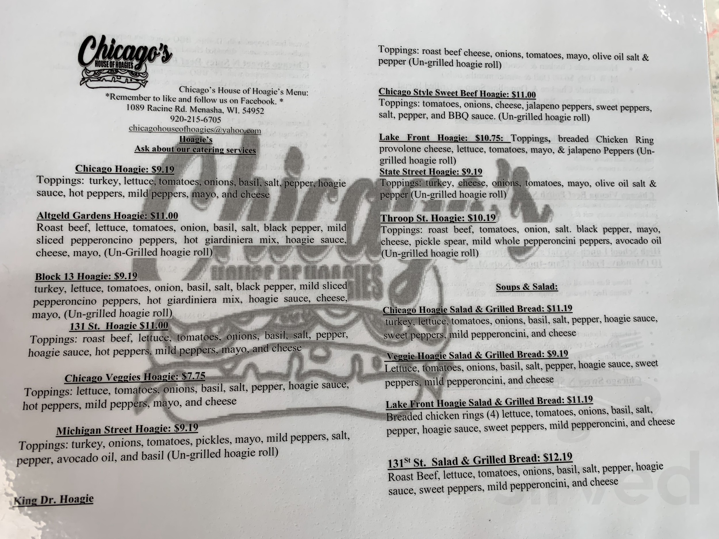 Chicago's House of Hoagies menu in Menasha, Wisconsin, USA