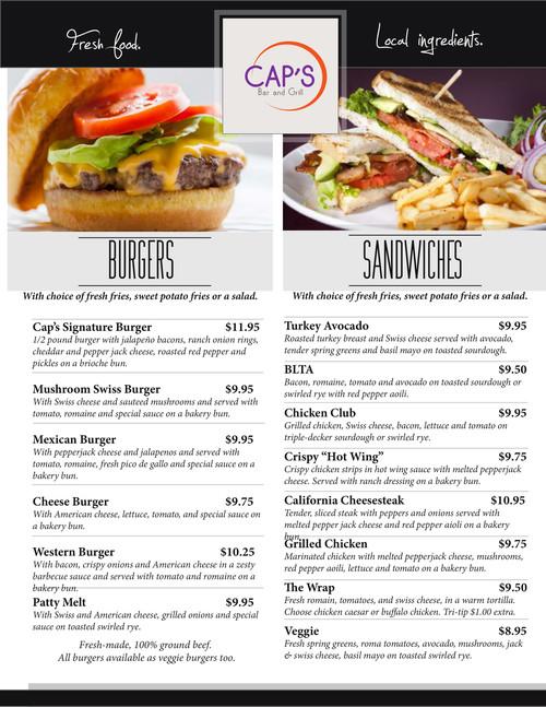 Caps Bar and Grill menu in West Sacramento, California, USA