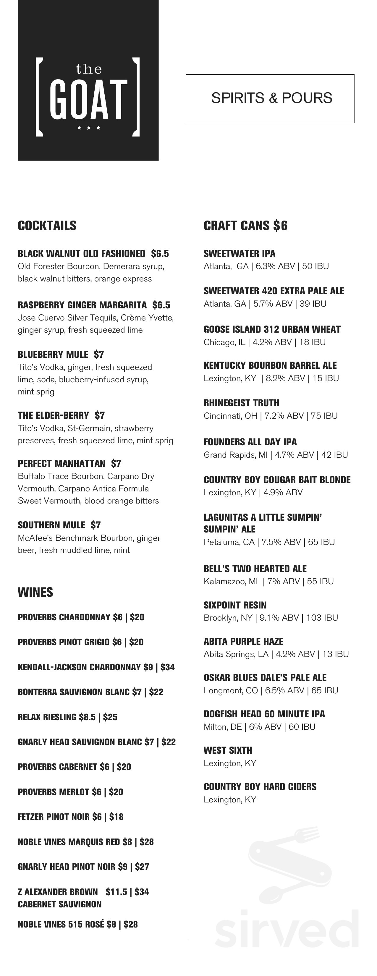 The Goat Middletown menu in Louisville, Kentucky, USA