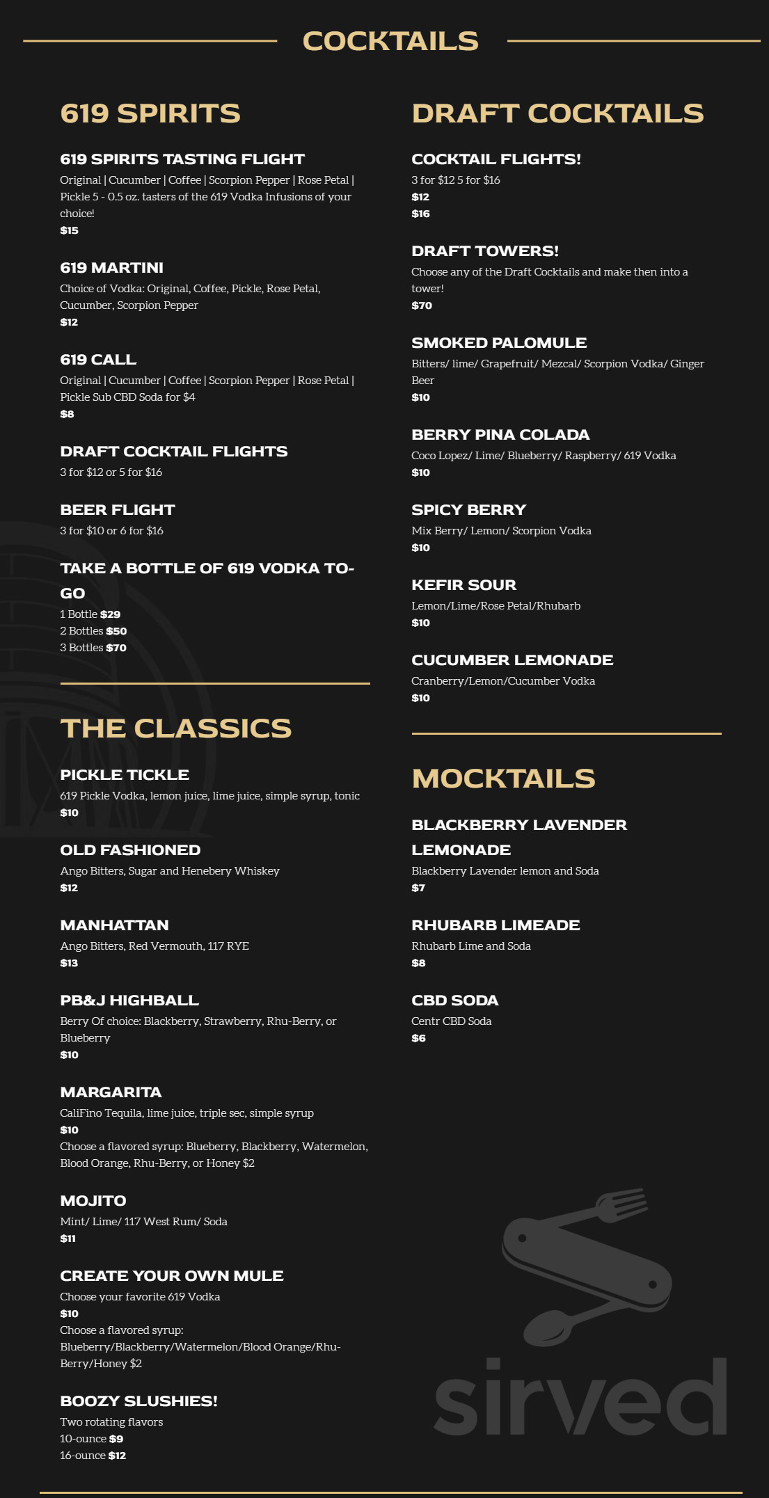 619 Spirits North Park menu in San Diego, California, USA