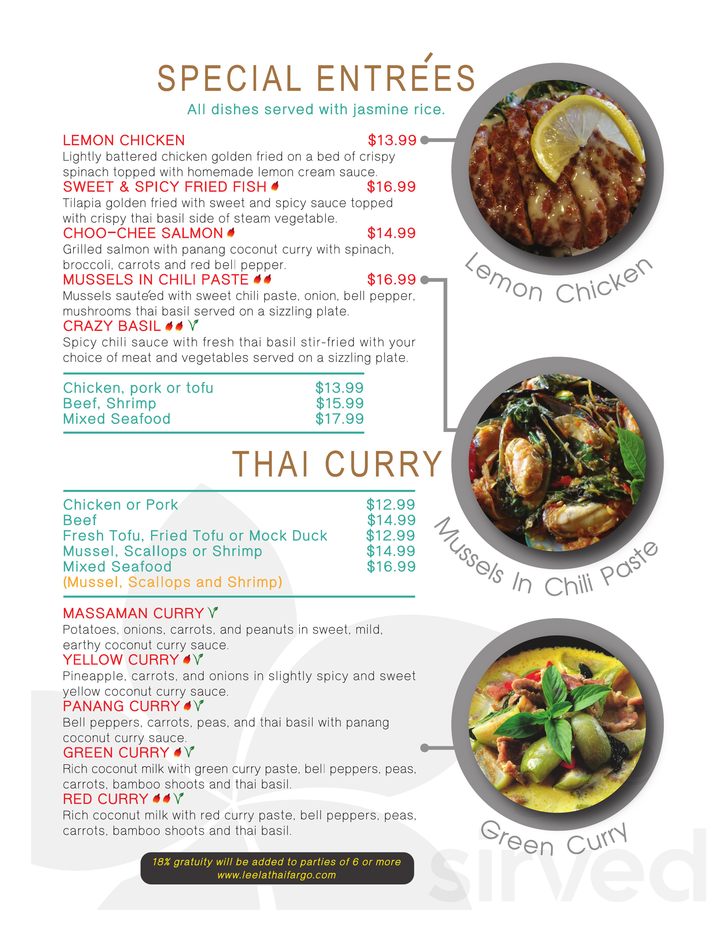 Leela Thai Cuisine menu in Fargo, North Dakota, USA