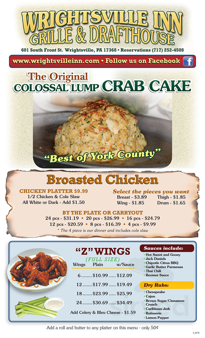 Wrightsville Inn menu in Wrightsville, Pennsylvania