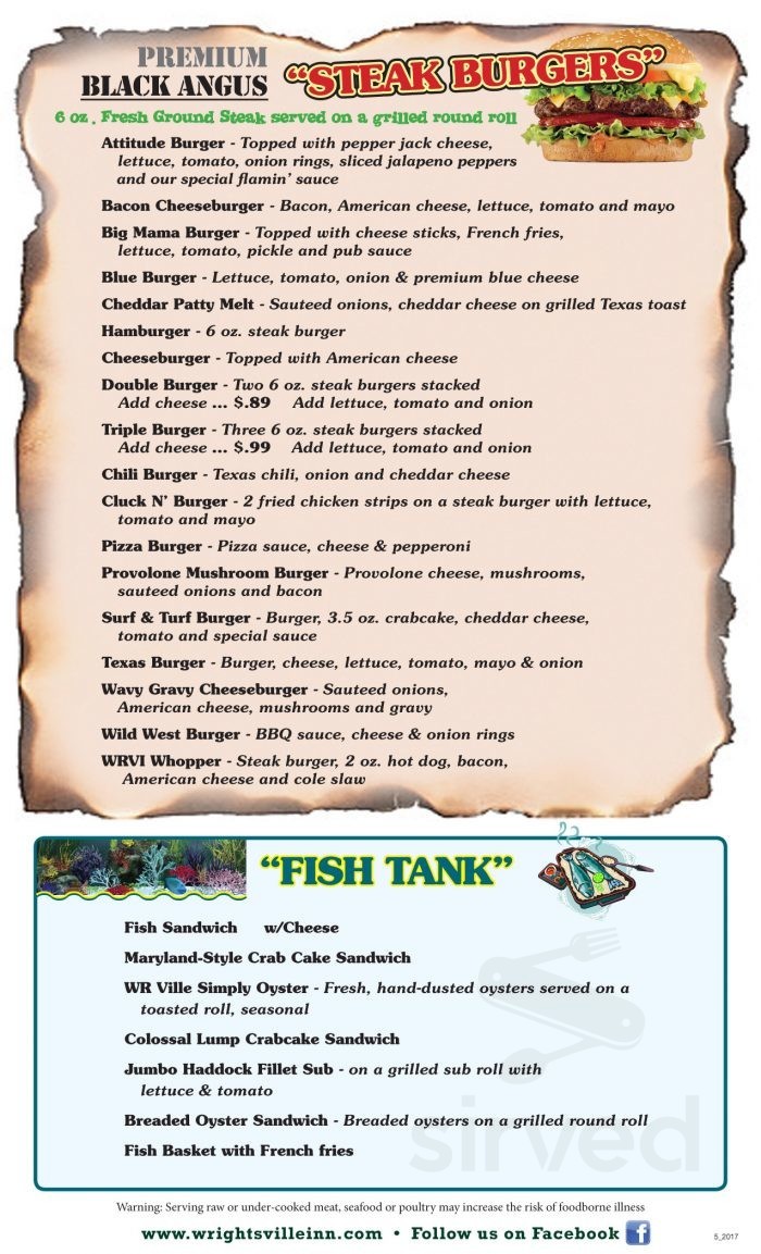 Wrightsville Inn menu in Wrightsville, Pennsylvania
