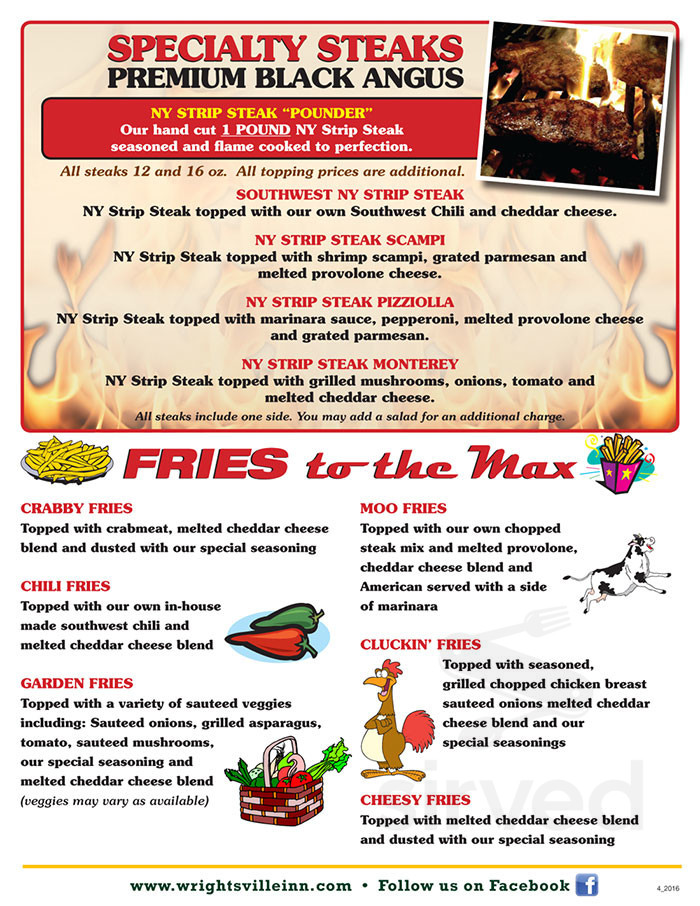Wrightsville Inn menu in Wrightsville, Pennsylvania