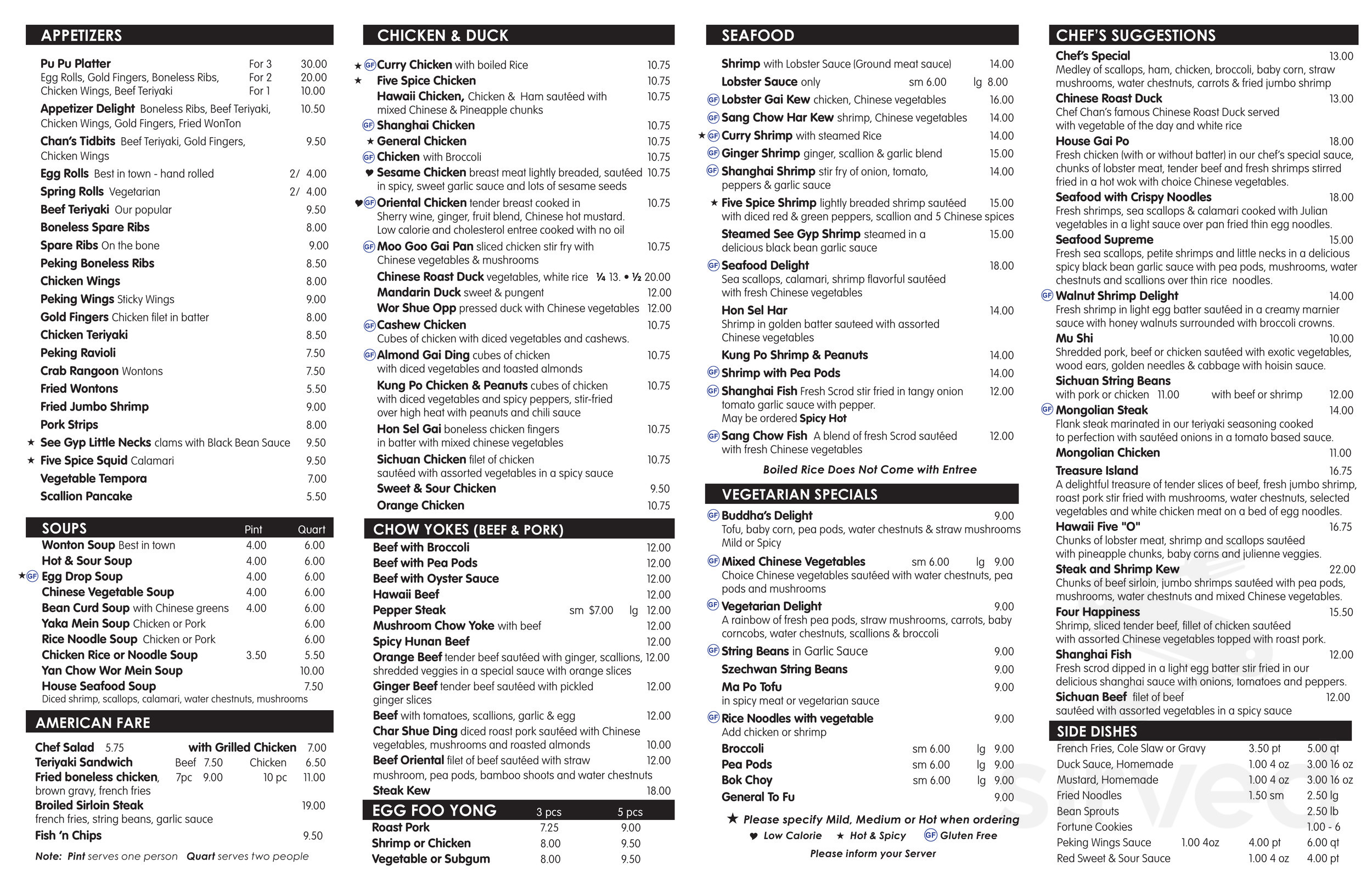Chan's Fine Oriental Dining menu in Woonsocket, Rhode Island, USA