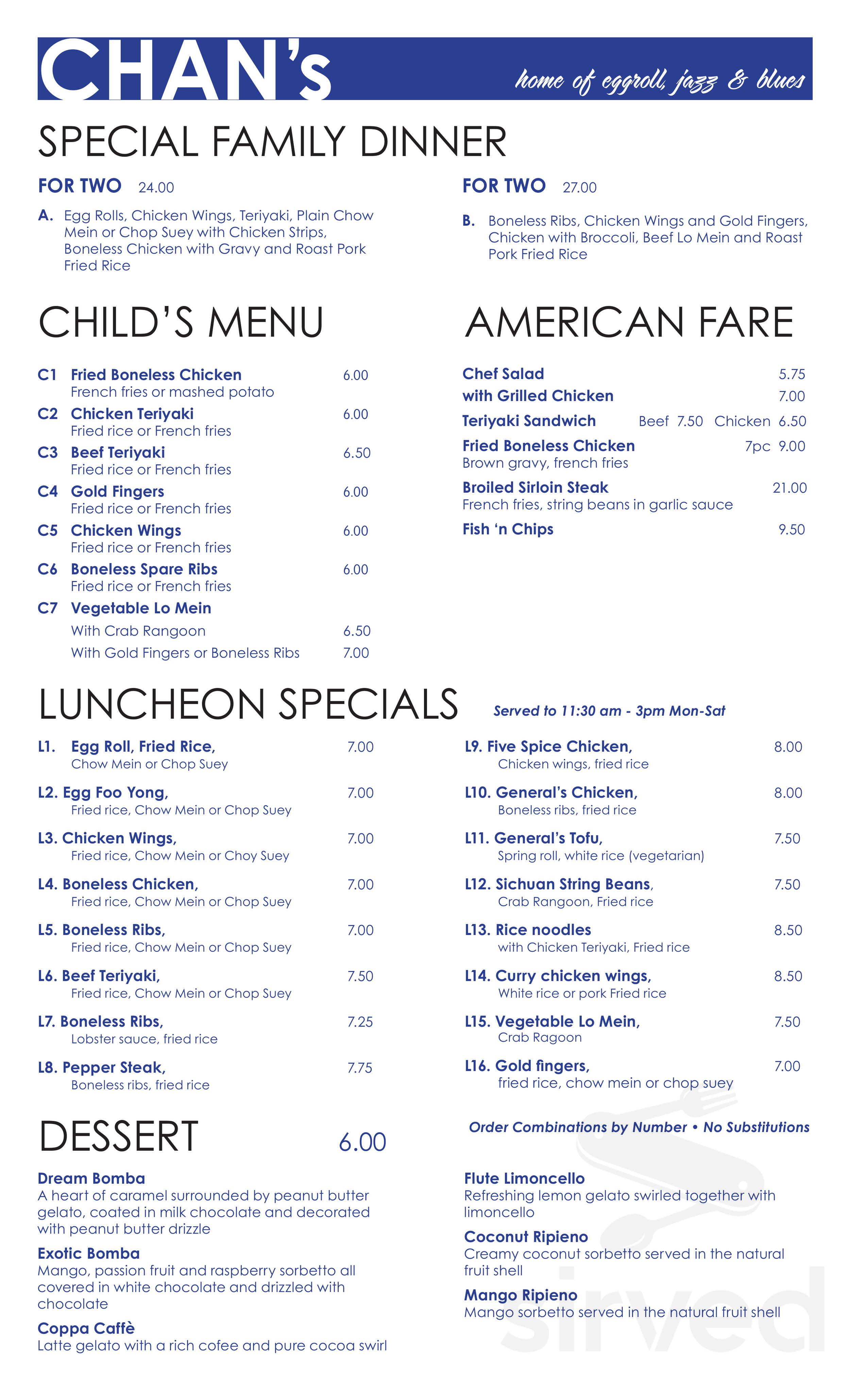 Chan's Fine Oriental Dining menu in Woonsocket, Rhode Island, USA
