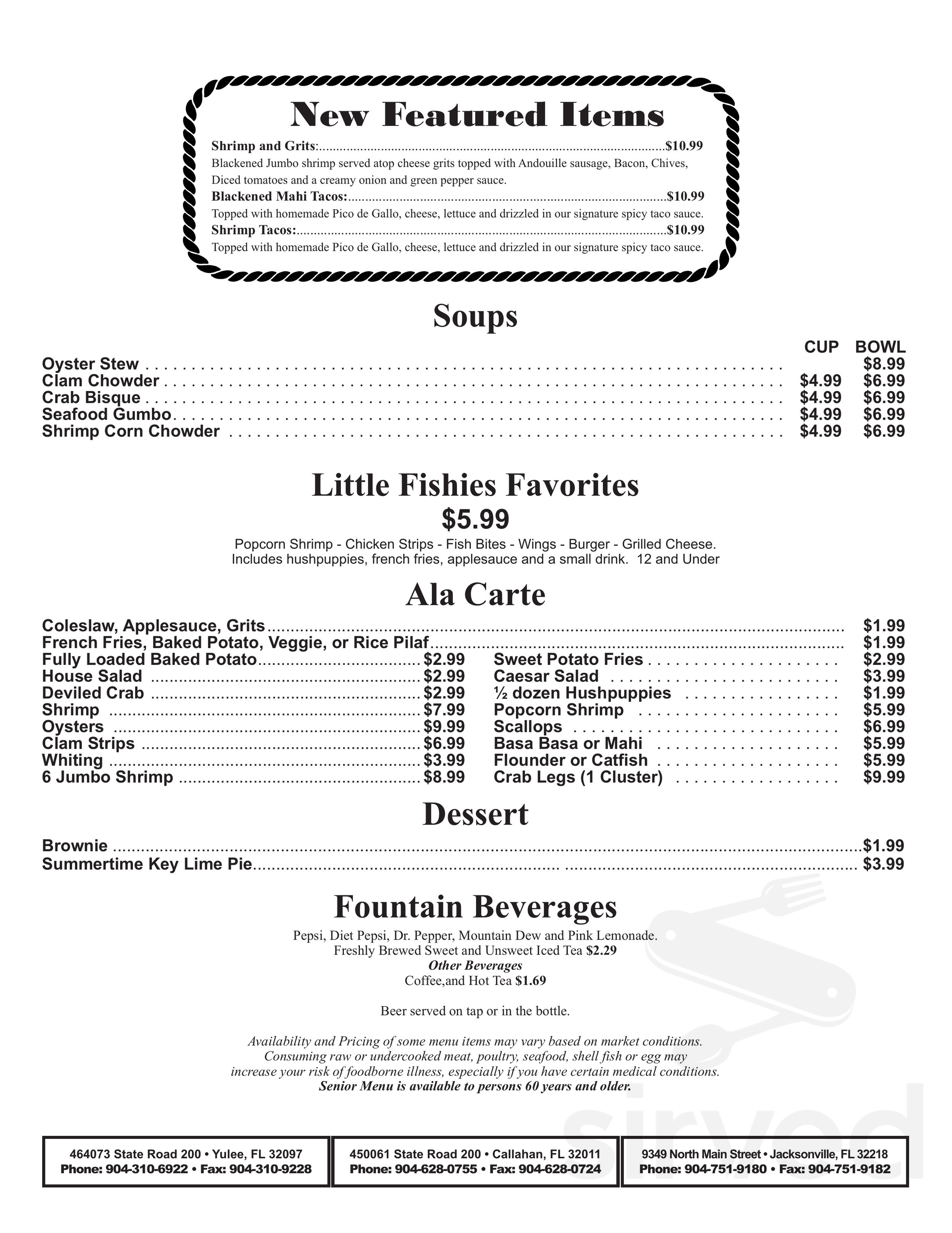 Junior's Seafood Restaurant & Grill menu in Callahan, Florida, USA
