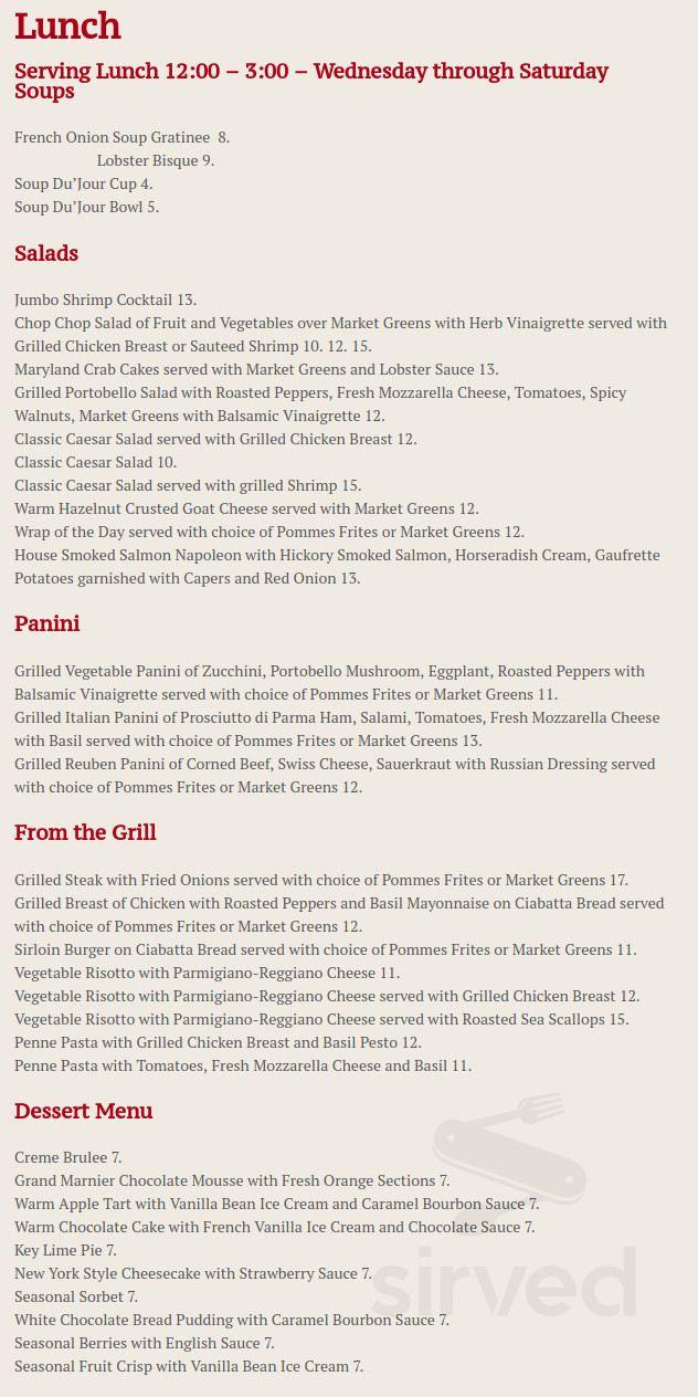 Mountain View Brasserie menu in Greenville, New York, USA