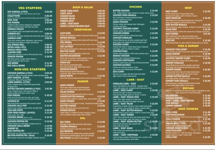 Tasty Indian Restaurant menu in Edmonton, Alberta, Canada