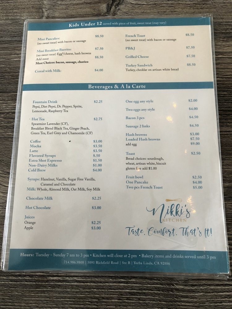 Nikki's Kitchen menu in Yorba Linda, California