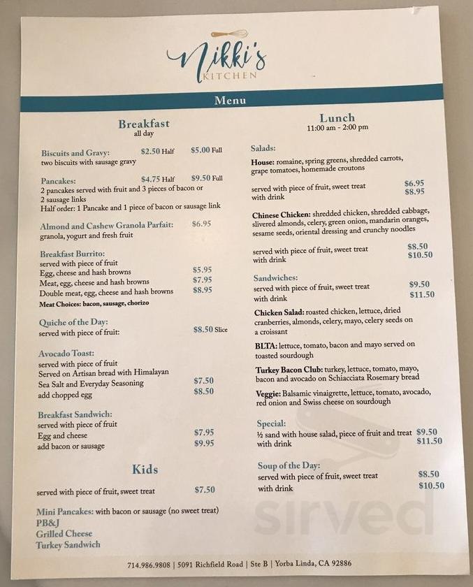 Nikki's Kitchen menu in Yorba Linda, California