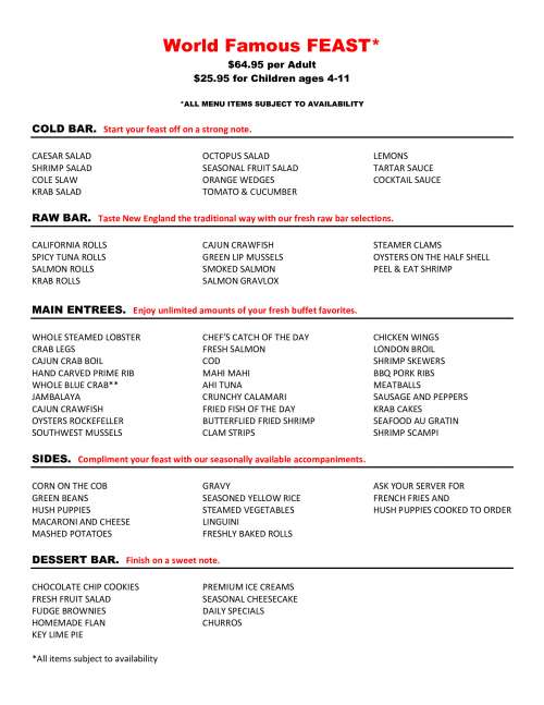 Boston Lobster Feast menu in Orlando, Florida, USA