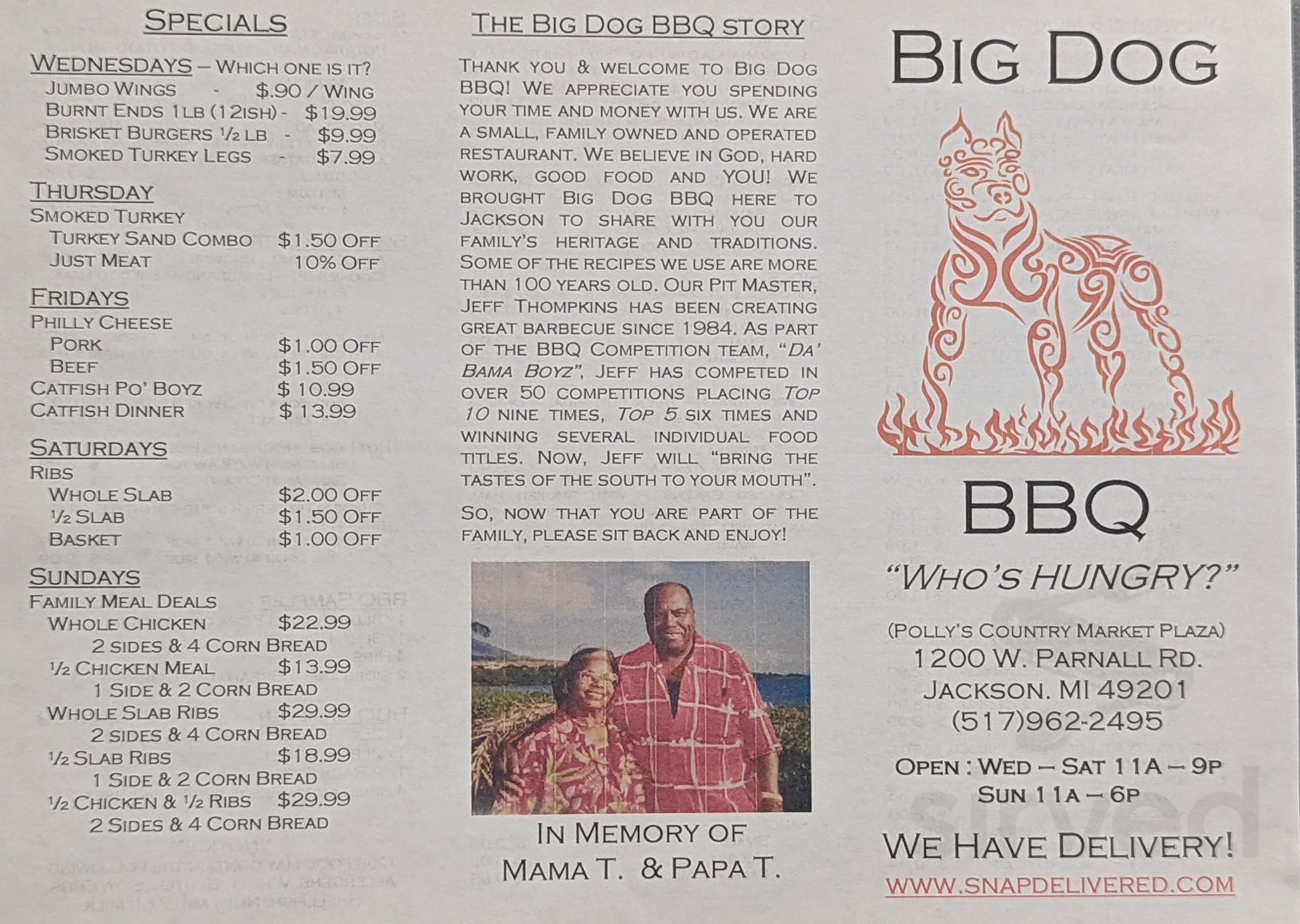 Menu - Jackson MI's Big Dog Bbq | Sirved