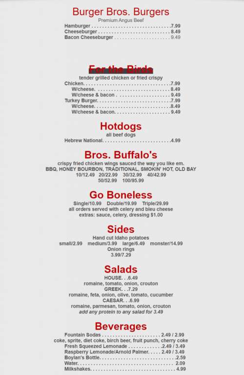 Burger Bros. menu in Towson, Maryland, USA
