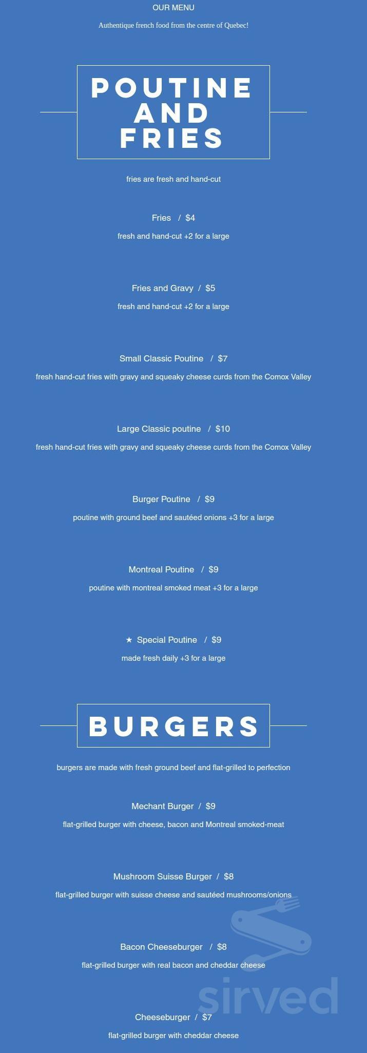L'Authentique Poutine and Burgers menu in Victoria, British Columbia