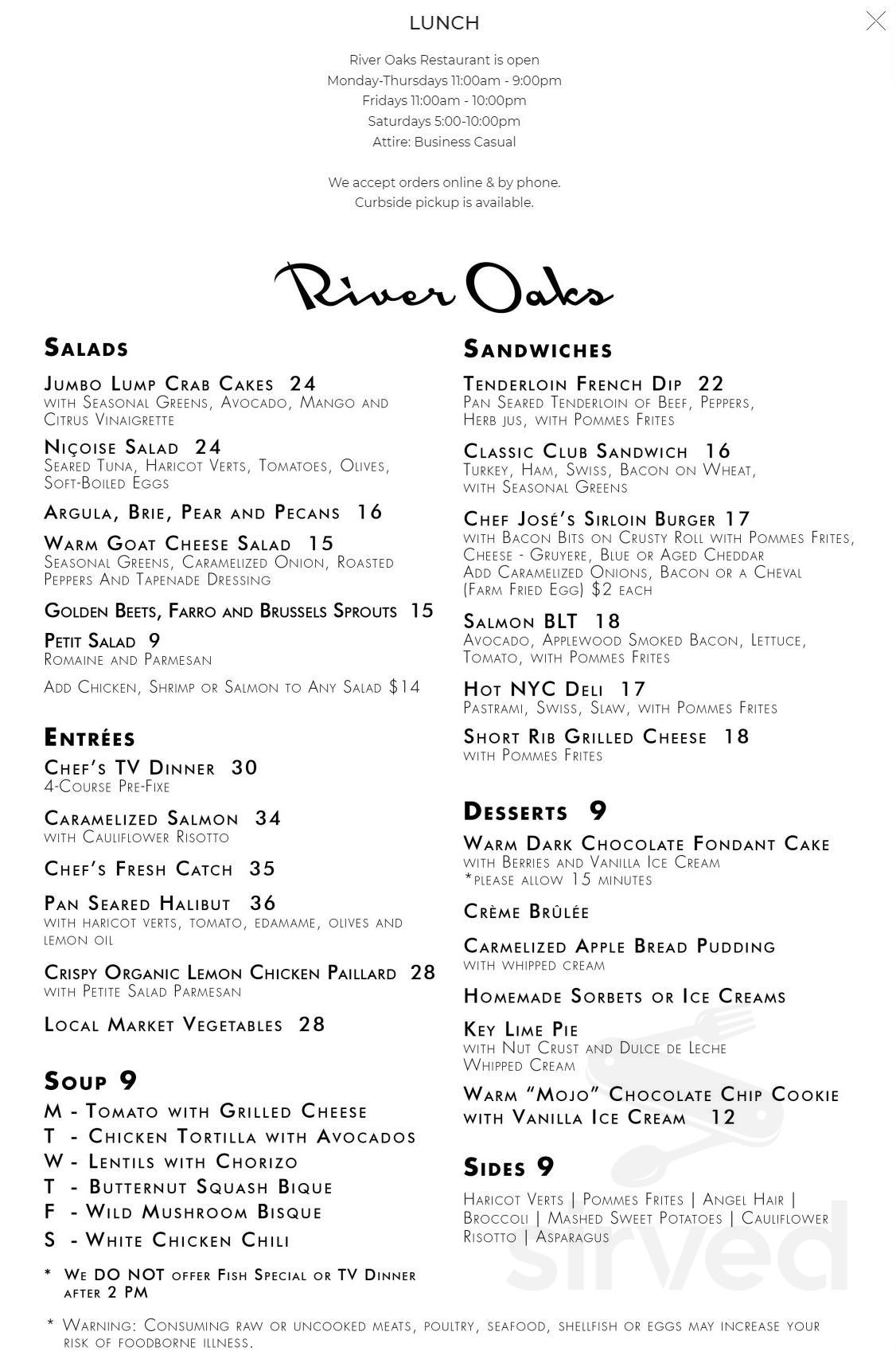 River Oaks Restaurant menu in Memphis, Tennessee, USA