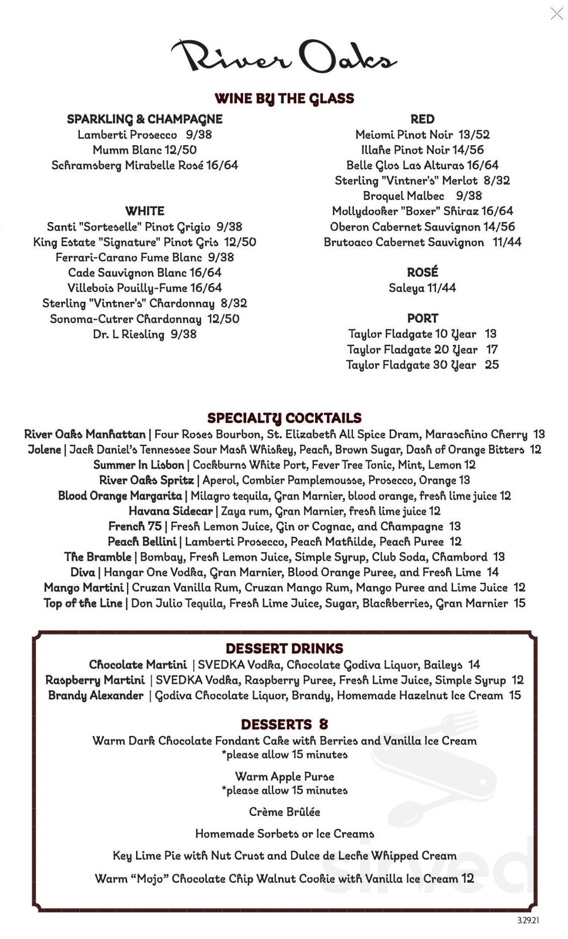 River Oaks Restaurant menu in Memphis, Tennessee, USA